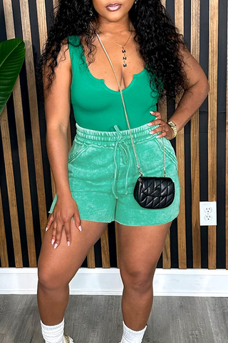 Black Casual Solid Color Draw String V Neck Sleeveless Two Pieces