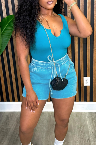 Black Casual Solid Color Draw String V Neck Sleeveless Two Pieces