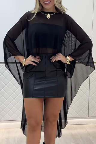 Black Sexy Solid Color See-Through O Neck Three Quarter Two Pieces