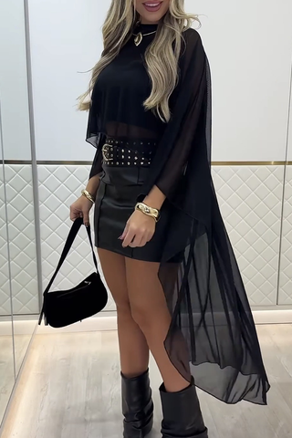 Black Sexy Solid Color See-Through O Neck Three Quarter Two Pieces