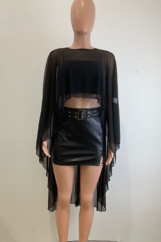 Black Sexy Solid Color See-Through O Neck Three Quarter Two Pieces