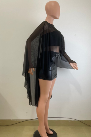 Black Sexy Solid Color See-Through O Neck Three Quarter Two Pieces