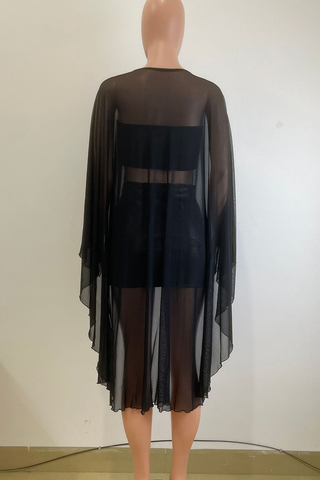 Black Sexy Solid Color See-Through O Neck Three Quarter Two Pieces