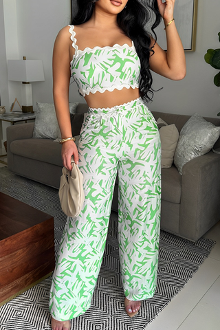 Green Casual Print Backless Spaghetti Strap Sleeveless Two Pieces