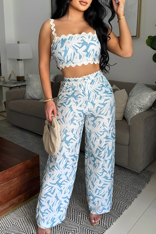 Green Casual Print Backless Spaghetti Strap Sleeveless Two Pieces