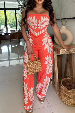 Red Casual Print Backless Spaghetti Strap Sleeveless Two Pieces