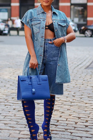 Blue Casual Solid Color Pocket Buckle Turndown Collar Short Sleeve Loose Denim Jacket