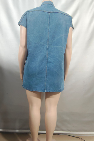 Blue Casual Solid Color Pocket Buckle Turndown Collar Short Sleeve Loose Denim Jacket