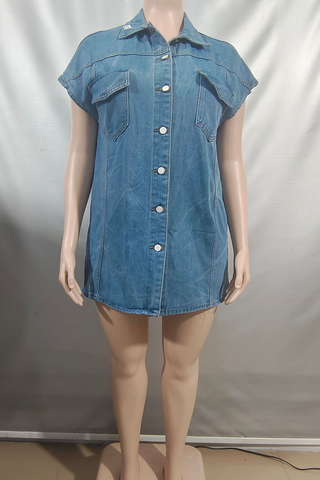 Blue Casual Solid Color Pocket Buckle Turndown Collar Short Sleeve Loose Denim Jacket