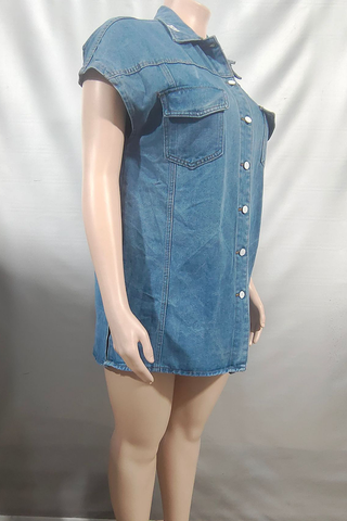 Blue Casual Solid Color Pocket Buckle Turndown Collar Short Sleeve Loose Denim Jacket