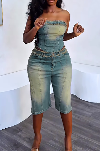 Blue Casual Solid Color Distressed Strapless Sleeveless Two Pieces