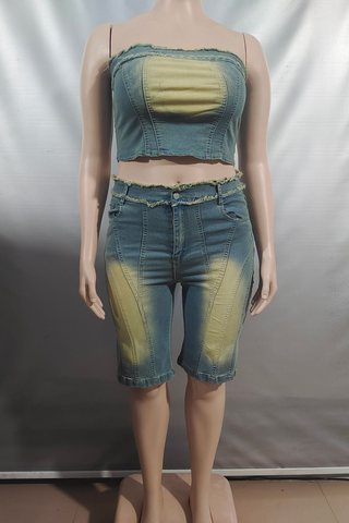 Blue Casual Solid Color Distressed Strapless Sleeveless Two Pieces