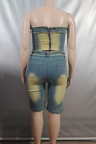 Blue Casual Solid Color Distressed Strapless Sleeveless Two Pieces