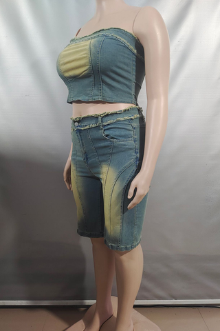 Blue Casual Solid Color Distressed Strapless Sleeveless Two Pieces