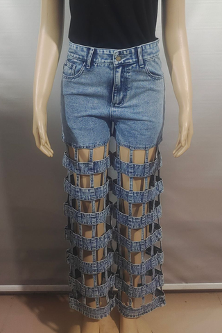 Blue Sexy Solid Color Hollow Out High Waist Regular Denim Jeans