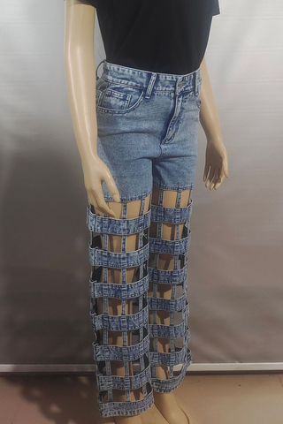 Blue Sexy Solid Color Hollow Out High Waist Regular Denim Jeans