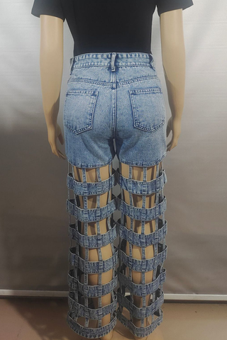 Blue Sexy Solid Color Hollow Out High Waist Regular Denim Jeans