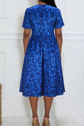 Blue Casual Print Patchwork V Neck Long Plus Size Dresses