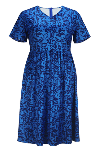 Blue Casual Print Patchwork V Neck Long Plus Size Dresses