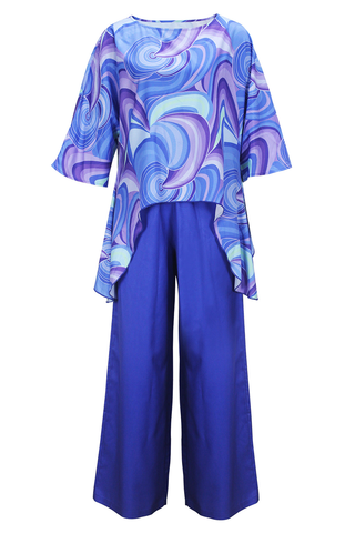 Blue Casual Print Patchwork O Neck Three Quarter Two Pieces