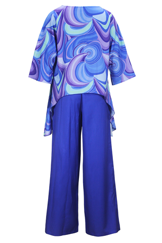 Blue Casual Print Patchwork O Neck Three Quarter Two Pieces