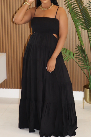 Black Casual Solid Color Hollow Out Spaghetti Strap Long Dresses