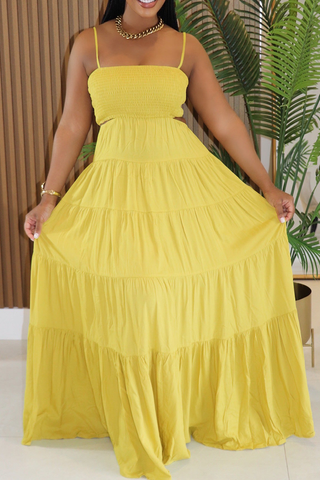 Black Casual Solid Color Hollow Out Spaghetti Strap Long Dresses