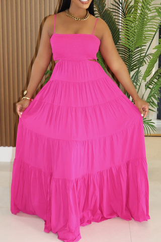 Black Casual Solid Color Hollow Out Spaghetti Strap Long Dresses