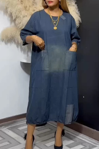 Blue Casual Solid Color Pocket O Neck Half Sleeve Loose Denim Dresses