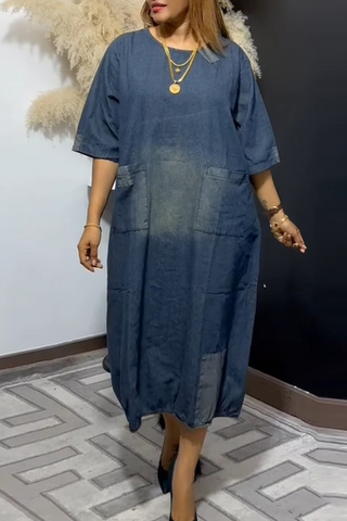 Blue Casual Solid Color Pocket O Neck Half Sleeve Loose Denim Dresses