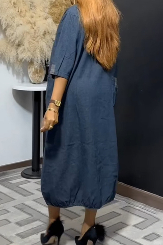 Blue Casual Solid Color Pocket O Neck Half Sleeve Loose Denim Dresses