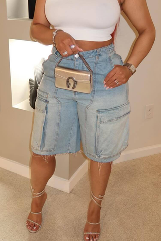 Blue Casual Solid Color Pocket Mid Waist Straight Denim Shorts