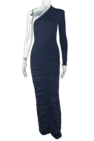 Black Casual Solid Color Patchwork Oblique Collar Long Dresses