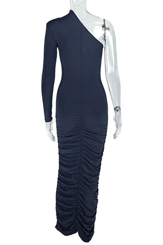 Black Casual Solid Color Patchwork Oblique Collar Long Dresses