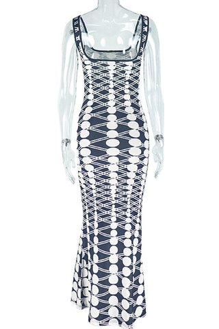 Black White Sexy Print Backless Spaghetti Strap Long Dresses