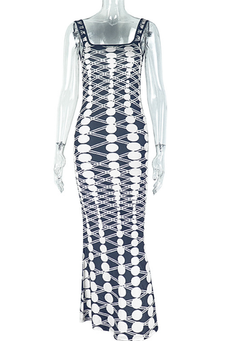 Black White Sexy Print Backless Spaghetti Strap Long Dresses