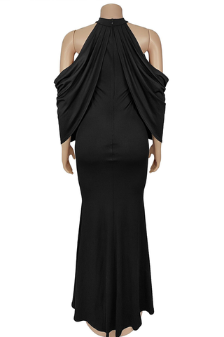 Black Sexy Solid Color Ruched O Neck Long Dresses