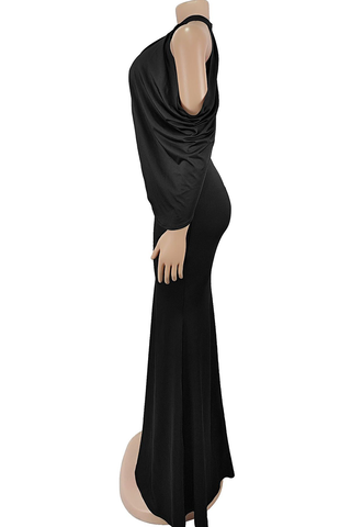 Black Sexy Solid Color Ruched O Neck Long Dresses