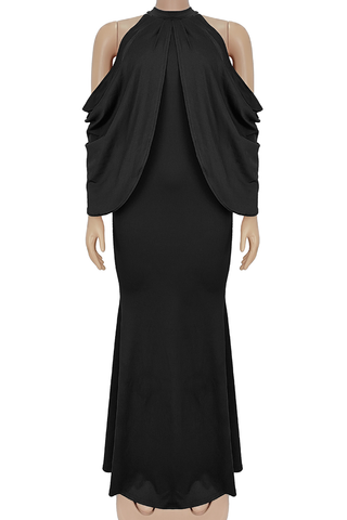 Black Sexy Solid Color Ruched O Neck Long Dresses