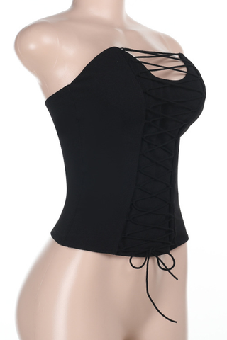 Black Sexy Solid Color Cross Straps Strapless Tops