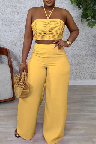 Black Casual Solid Color Draw String Backless Halter Sleeveless Two Pieces