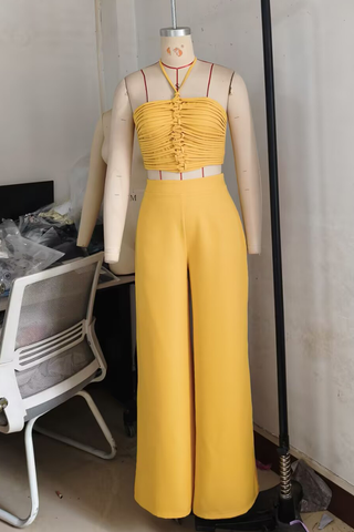 Black Casual Solid Color Draw String Backless Halter Sleeveless Two Pieces