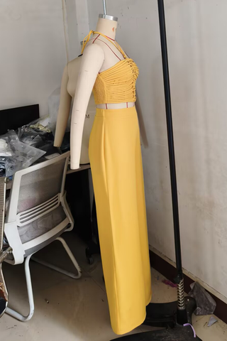 Black Casual Solid Color Draw String Backless Halter Sleeveless Two Pieces