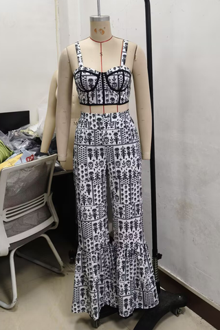 Black Sexy Print Backless Spaghetti Strap Sleeveless Two Pieces