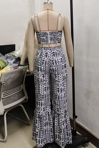 Black Sexy Print Backless Spaghetti Strap Sleeveless Two Pieces