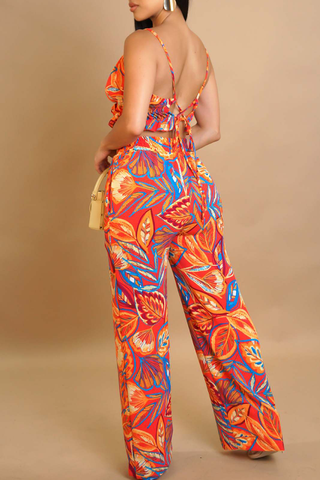 Green Casual Print Pocket Backless O Neck Sleeveless Two Pieces