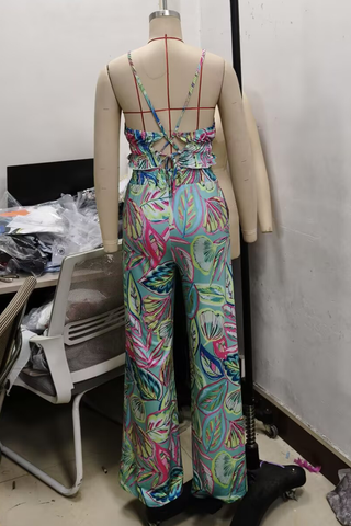 Green Casual Print Pocket Backless O Neck Sleeveless Two Pieces