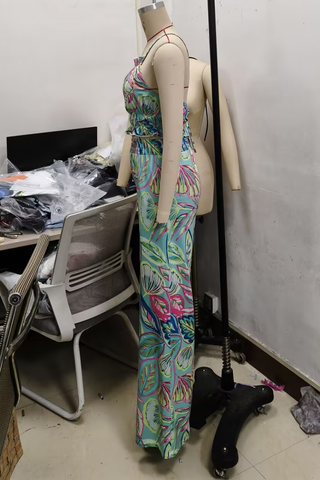 Green Casual Print Pocket Backless O Neck Sleeveless Two Pieces