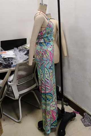 Green Casual Print Pocket Backless O Neck Sleeveless Two Pieces