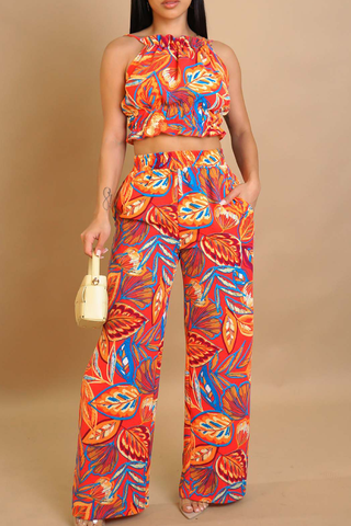 Green Casual Print Pocket Backless O Neck Sleeveless Two Pieces